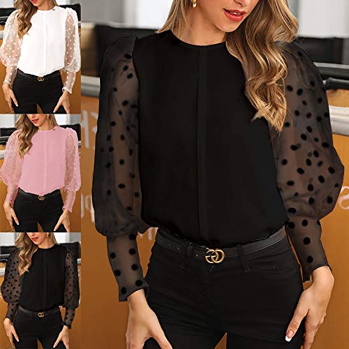 Blusa Manga Larga Transparente con Puntos para Mujer Camisa Mujer Elegante Moderna con Manga Gasa Transparente Tops Elegante con Cuello Redondo para Primavera Talla Grande (Negro, S)