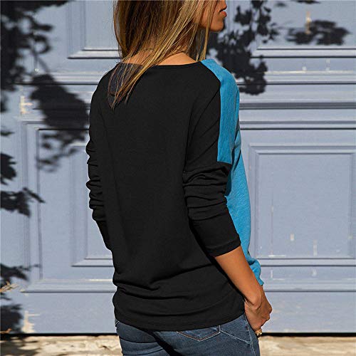 Blusa Moda Patchwork Casual para Mujer Sudadera con Capucha Tallas Grandes Color Block Tallas Grandes O-Neck Manga Larga Camiseta Tops Invierno Abrigos Liquidación de Venta SHOBDW (Azul Claro,S)