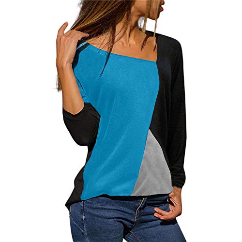 Blusa Moda Patchwork Casual para Mujer Sudadera con Capucha Tallas Grandes Color Block Tallas Grandes O-Neck Manga Larga Camiseta Tops Invierno Abrigos Liquidación de Venta SHOBDW (Azul Claro,S)