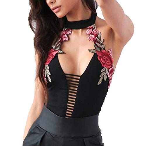 Body De Las Mujeres Sin Mangas con Cuello En V Halter Bordado Estirar Fajas Lencería Básica Leotardo Mono Fiesta Top Moda Joven Festivo (Color : Negro, Size : S)