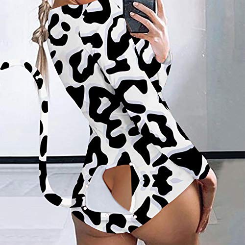 BOIYI Mono Pijamas con Cola para Mujer, Sexy Monos Estampado, Botón Abierto, Huecas Nalgas Jumpsuits, Monos para Noche Conjuntos Adultos, Mangas Largas, Pantalones Cortas(Leopardo Blanco,XL)