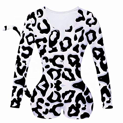 BOIYI Mono Pijamas con Cola para Mujer, Sexy Monos Estampado, Botón Abierto, Huecas Nalgas Jumpsuits, Monos para Noche Conjuntos Adultos, Mangas Largas, Pantalones Cortas(Leopardo Blanco,XL)