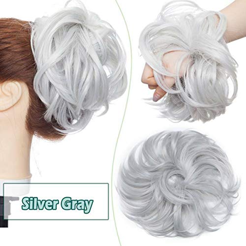 Bollo de extensión de cabello desordenado Updo para mujeres Coleteros para el cabello con cola de caballo Donut Chignons Pedazo de cabello Gris plateado