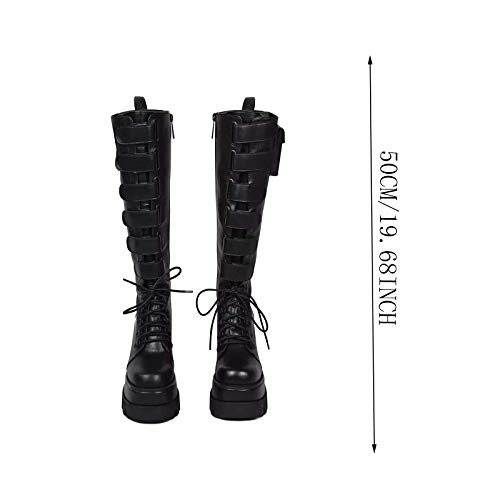 Botas Mujer Altas Rodilla Estilo Motero Invierno Rebajas Baratas Militar de Piel Hebilla de Moto Elegantes Trekking Antideslizante