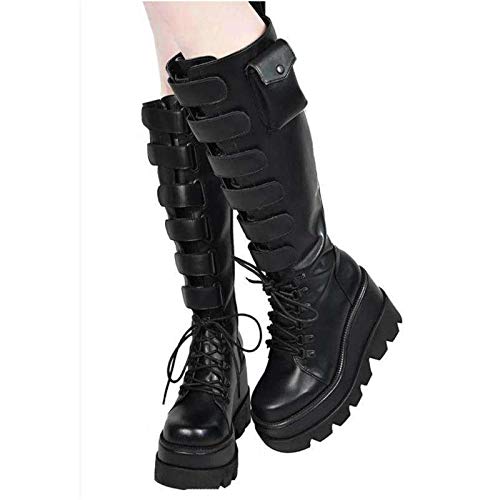 Botas Mujer Altas Rodilla Estilo Motero Invierno Rebajas Baratas Militar de Piel Hebilla de Moto Elegantes Trekking Antideslizante