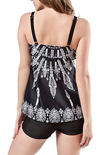 BOZEVON Mujer Tallas Grandes Bañador - Acolchado Traje de Baño Tankini Falda Y Pantalones Cortos Conjuntos, Schwarz/(EU 42-44) 3XL