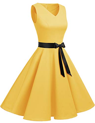 Bridesmay Vestido de Cóctel Fiesta Mujer Verano Años 50 Vintage Rockabilly Sin Mangas Pin Up Yellow 2XL