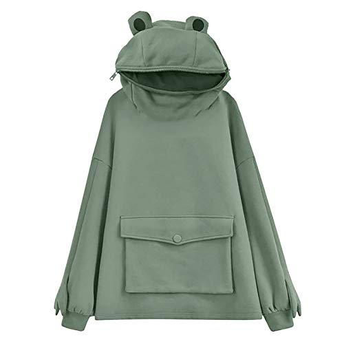 BuckerLer Sudaderas con Capucha para Mujer Cuello Redondo Diseño de Rana Lindo con Bolsillo Grande, Blusa Suelta Informal de Manga Larga de Talla Grande con Cremallera Tops 2021 (Verde, L)