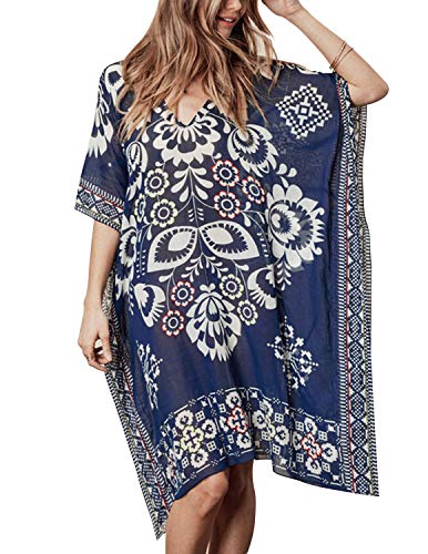 BUOYDM Ropa Playa Mujer Verano Bikini Cover Up Traje de Baño Vestido Mujer Vestido Corto Talla Grande Azul One Size