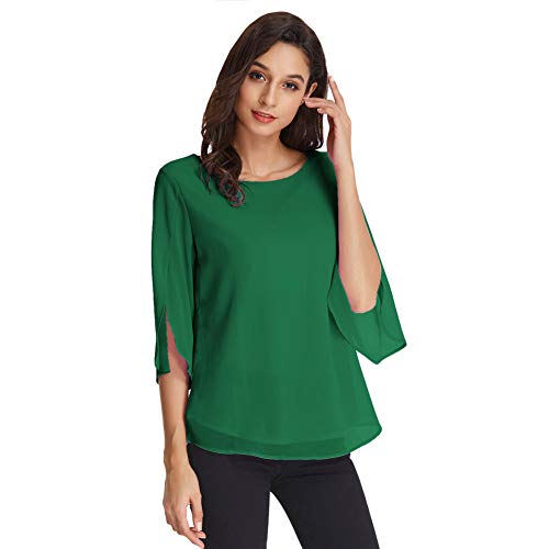 Camisa de Mujer Blusa Gasa Manga 3/4 Blusa de Cuello Redondo de Oficina Casual Elegante Top Verde Oscuro L CLAF15-9