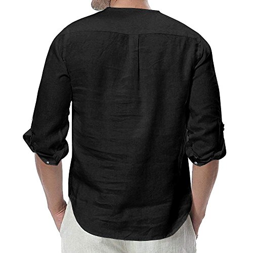 Camisa Hombre Cuello Mao Lino Blusa Manga 3/4 Camisas Top Sin Cuello De Color Sólido Blusas Suelta Camisas De Trabajo Suave Cómodo Transpirable A Negro Large