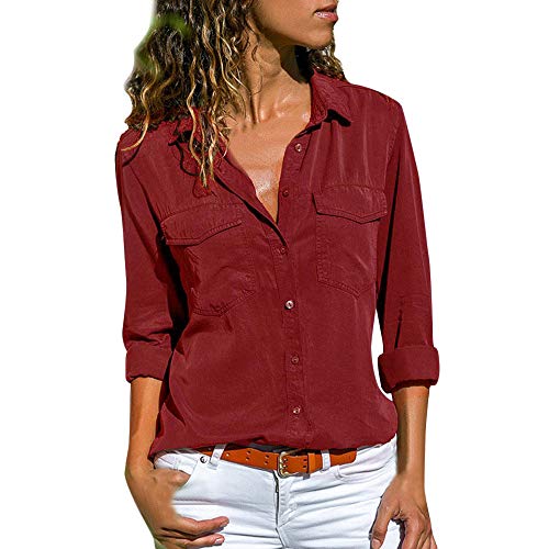 Camisa Mujer Blanca Manga Larga Talla Grande Negra Sexy Cuadros Corta Vestir Botones Gasa Verano Vaquera Verde Azule Blusas para Mujer Elegantes Fiesta Baratas Camisetas POLP (XL, Rojo)