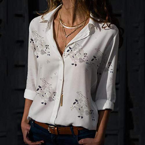 Camisas Mujer Manga Larga 2019 SHOBDW Liquidación Venta Camisetas Mujer Leopardo Blusas Mujer Tallas Grandes Cuello en V Botón Tops Mujer Regular Fit Sexy Camisas Mujer Floral S-5XL(Blanco,5XL)