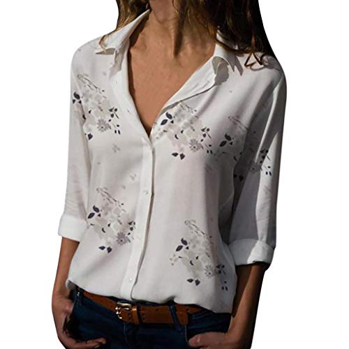 Camisas Mujer Manga Larga 2019 SHOBDW Liquidación Venta Camisetas Mujer Leopardo Blusas Mujer Tallas Grandes Cuello en V Botón Tops Mujer Regular Fit Sexy Camisas Mujer Floral S-5XL(Blanco,5XL)