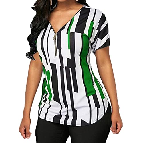 Camiseta De Manga Corta Estampada con Cuello En V De Moda para Mujer De Verano con Cremallera En La Parte Superior