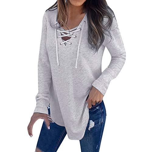 Camiseta de Mujer,Manga Larga Elegante Color sólido Blusa y Camisa Cuello en v Basica Camiseta Moda Suelto Verano Primavera Tops Casual Fiesta T-Shirt Original vpass