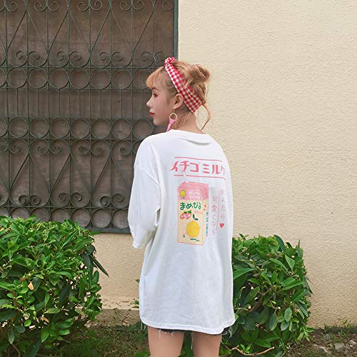 Camiseta de verano para mujer y niña, estilo japonés, de algodón Kawaii. Blanco blanco Taille unique