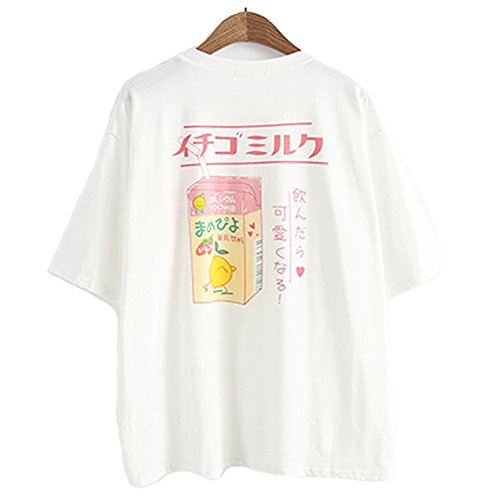 Camiseta de verano para mujer y niña, estilo japonés, de algodón Kawaii. Blanco blanco Taille unique