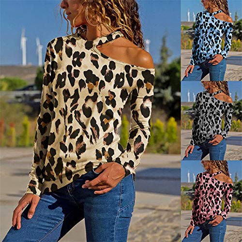 Camiseta Mujer Tops Mujer Sexy Chic Estampado De Leopardo Sin Tirantes De Manga Larga Primavera Y Verano Moda Casual Elegante Cómodo Vacaciones Blusa Mujer C-Khaki S