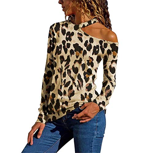 Camiseta Mujer Tops Mujer Sexy Chic Estampado De Leopardo Sin Tirantes De Manga Larga Primavera Y Verano Moda Casual Elegante Cómodo Vacaciones Blusa Mujer C-Khaki S