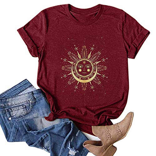 Camiseta para Mujer El Verano Blusas sin Mangas Cuello Redondo Suelta Camisetas Manga Corta ImpresióN Manga Corta T Shirt Estampado de Estrellas Lunares