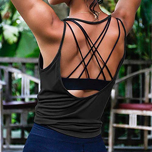 Camiseta Sin Mangas Mujer SHOBDW 2020 Nuevo Playa de Verano Deporte Camisetas Mujer Tirantes Baratas Yoga Sexy Activewear Fitness Sin Respaldo Racerback Tank Tops Camisas(Negro,XL)