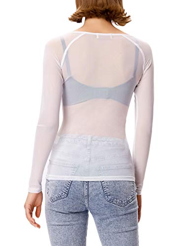 Camiseta Transparente Mujer Manga Larga Casual Cuello Redondo Elegante Blusa Top Blanco L CL011046-2