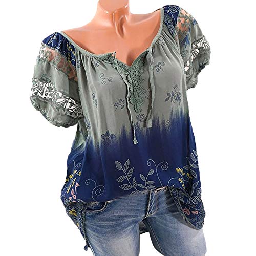 Camisetas Mujer Manga Corta Tallas Grandes Encajes Cuello en V Casual Tops Verano Camisa Blusa Basica Fiesta Suelto Camiseta T-Shirt Original tee