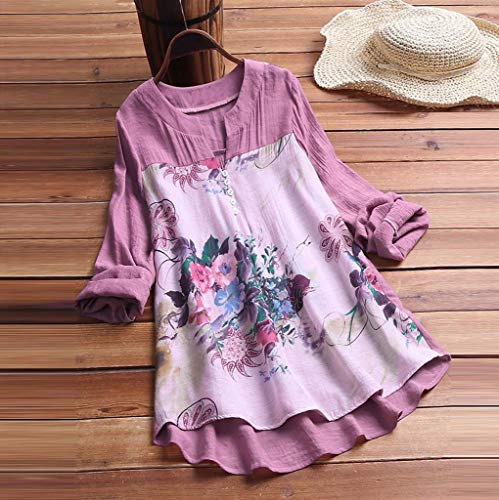 Camisetas Mujer Manga Larga SHOBDW 2019 Nuevo Cuello en V Tops de Túnica Blusas Suelto Estampado Floral Pullover Sexy Casual Verano Camisetas Mujer Tallas Grandes M-5XL(Morado,5XL)