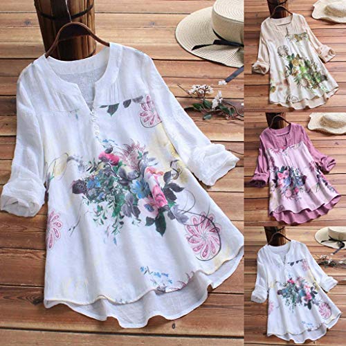 Camisetas Mujer Manga Larga SHOBDW 2019 Nuevo Cuello en V Tops de Túnica Blusas Suelto Estampado Floral Pullover Sexy Casual Verano Camisetas Mujer Tallas Grandes M-5XL(Blanco,XL)