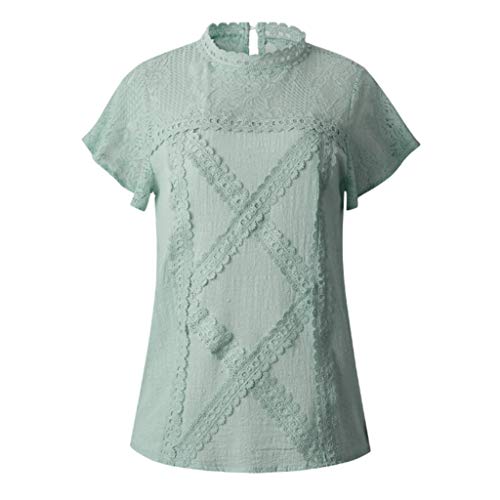 Camisetas Mujer SHOBDW Dia de la Mujer Verano Patchwork De Encaje Casual Ahuecar Volantes Manga Corta Suéter De Cuello De Tortuga Linda Blusa Floral Camiseta Blanca para Mujer (XL, Verde)