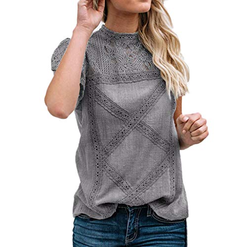 Camisetas Mujer SHOBDW Dia de la Mujer Verano Patchwork De Encaje Casual Ahuecar Volantes Manga Corta Suéter De Cuello De Tortuga Linda Blusa Floral Camiseta Blanca para Mujer (XL, Gris)