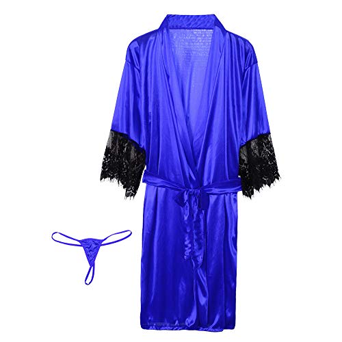 Camisón Mujer Sexy,Bata De Satén Azul Ropa De Dormir Lencería Albornoz con Ribete De Encaje Abierto por Delante Lencería Suave Y Sedosa Camisola para Dormir En Honeymoon Party Club Dress, XXXL