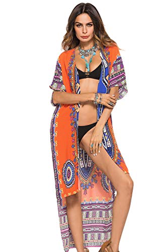 Cardigan Largo Mujer Talla Grande Bohemio Hippie Chic Kimono Etnico Estampado Africano Indio Chaquetas Vestir Flores Ropa Piscina Playa Traje de Baño Camisolas y Pareos Vestido Beach Bikini Cover Up