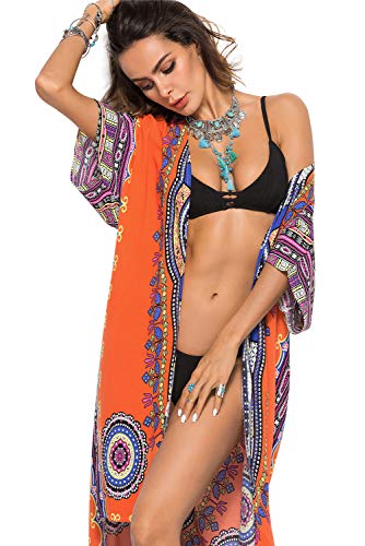 Cardigan Largo Mujer Talla Grande Bohemio Hippie Chic Kimono Etnico Estampado Africano Indio Chaquetas Vestir Flores Ropa Piscina Playa Traje de Baño Camisolas y Pareos Vestido Beach Bikini Cover Up