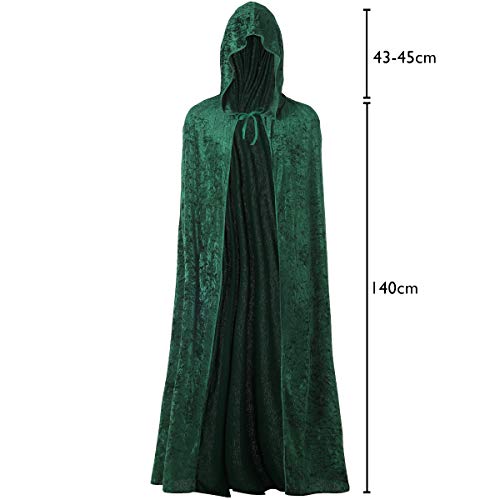 Carnavalife, Capa con Capucha Terciopelo Largo Medieval, Disfraces de Bruja, Vampiro Princesa, Fiesta de Carnaval Halloween, Verde, para Hombre, Mujer, Niño, Niña, Talla 140cm