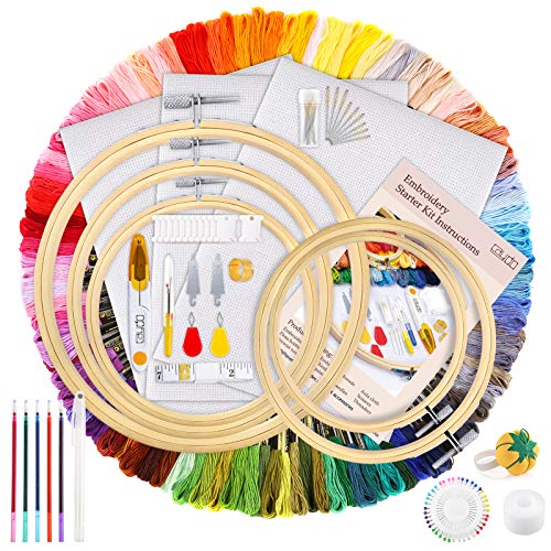 Caydo 206 Piezas Kit de Bordado con Instrucciones, 100 Hilos Colores, 40 Alfileres de Costura, 3 Piezas Tela Aida, Aros de Bordado y Herramientas de Punto de Cruz Para Adultos y Niños Principiantes