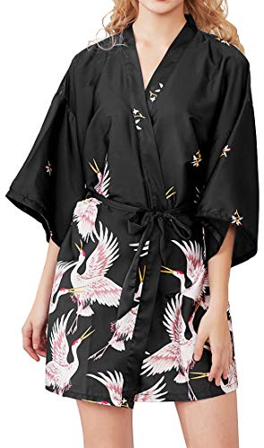 Chaos World Vestido para Mujer Kimono Corto Pijama Bata Satén Seda de Hielo Bata Albornoz (Grulla Negro, Large)