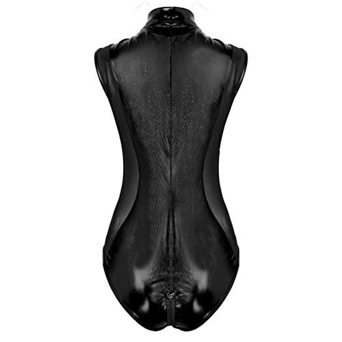 CHICTRY Sexy Body Latex Mujer Ropa Erótica Babydoll de Malla Cuero Mojado Look Transparente Lencería Mono Pijama Camisón Bodysuit con Cremallera Abierto Negro Medium