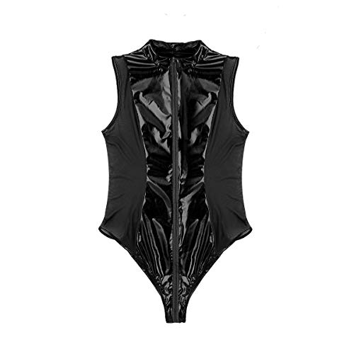 CHICTRY Sexy Body Latex Mujer Ropa Erótica Babydoll de Malla Cuero Mojado Look Transparente Lencería Mono Pijama Camisón Bodysuit con Cremallera Abierto Negro Medium