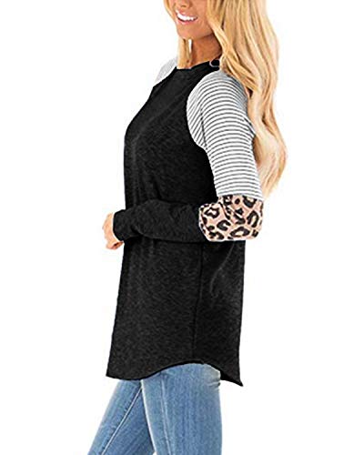 CNFIO Camisetas Mujer Manga Larga Leopardo Raya Cuello Redondo Blusas para Mujer Suelta Tops Mujer Fiesta