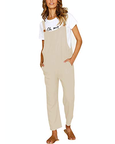 CNFIO Pantalones Mujer Casual Ajustable Correa Monos Rompers Flojo Retro Harem Mamelucos Jumpsuits Overalls con Bolsillo C-Beige L