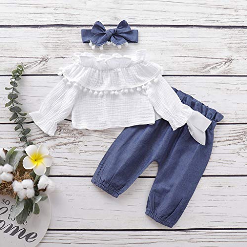 Conjunto De Bebé ReciéN Nacido Camiseta De Manga Larga con Borla Y Volantes En Color Liso+Pantalones con Lazo+Banda para El Cabello AlgodóN Y Lino Informal Vestido Bautismal(Blanco,0-3 meses/70)