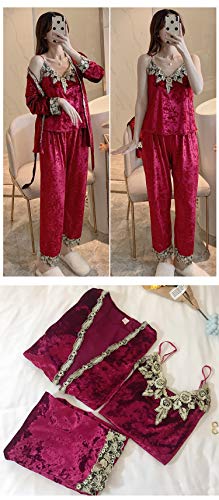 Conjunto de Pijamas cálidos de otoño Invierno para Mujer, Pijamas Sexis de Terciopelo Dorado Profundo, Conjuntos de Pijamas para Mujer, Conjunto de pantalón Largo, Bata para Mujer