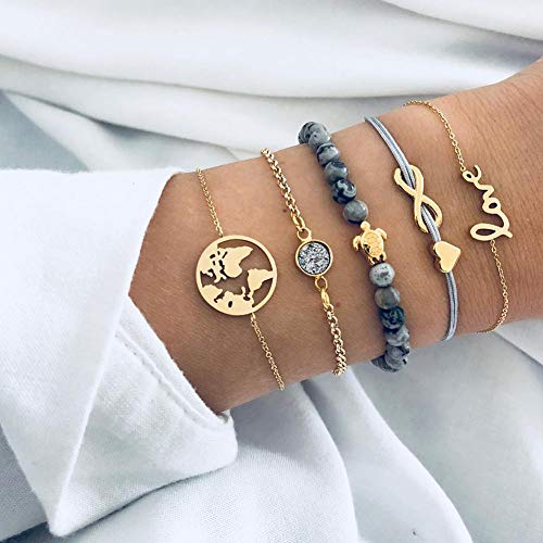 Conjunto Pulseras Mujer, Dsaren Apilable Pulsera Ajustable Circón Brazalete Conjunto Mujeres Accesorios de la joyería, Mejores Regalos para Ella (Mapa y tortuga)