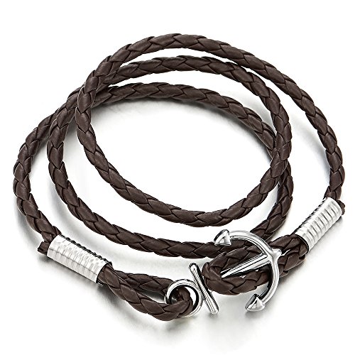 COOLSTEELANDBEYOND Tres Vueltas Náutico Marinero Marrón Cuero Pulsera del Abrigo, Pulsera del Ancla Hombre Mujer