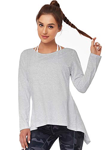 COOTRY Camiseta deportiva para mujer funcional de corte holgado con nudos, camiseta deportiva de manga larga Split Top transpirable Yoga Running gris M