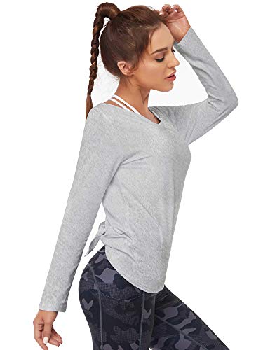 COOTRY Camiseta deportiva para mujer funcional de corte holgado con nudos, camiseta deportiva de manga larga Split Top transpirable Yoga Running gris M