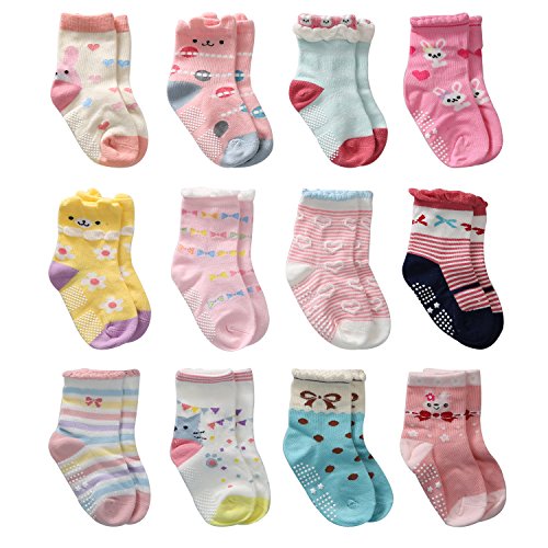 Cottock 12 Pares de Calcetines Antideslizantes para Niñas Pequeñas Algodón Lindo con Puños, Calcetines Antideslizantes para Piñas Pequeñas (12 pares, 0-6 meses)