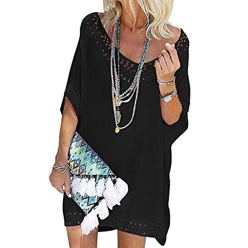 Cover Up Mujer Beachwear 2019 Nuevo SHOBDW Pareos Playa de Verano Casual Color Sólido Tops Blusa Fuera del Hombro Encaje Vestido Suelto Tallas Grandes S-XXL(Negro,XL)